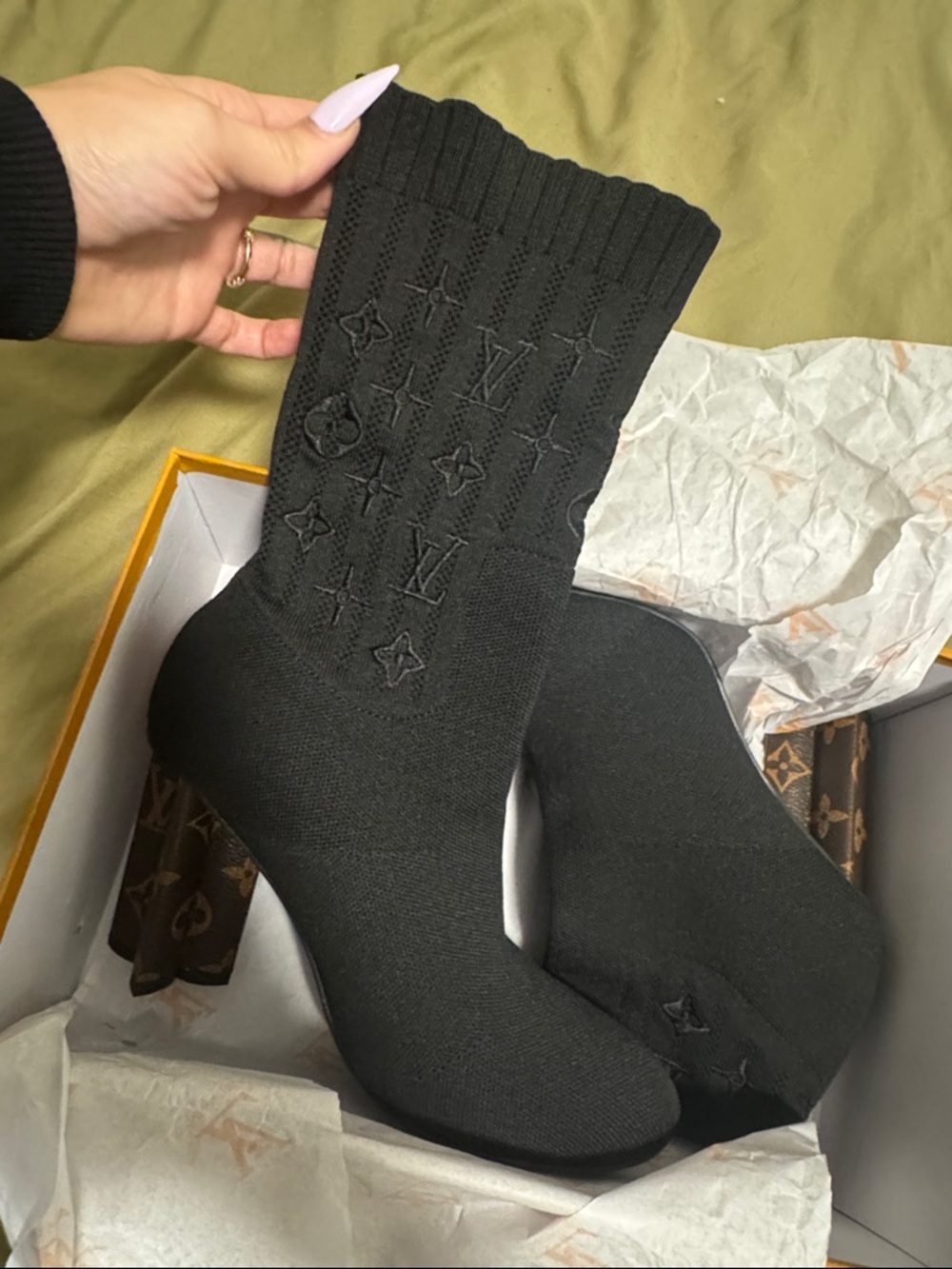 Louis Vuitton Black Monogram Knit Sock Heeled Boots
